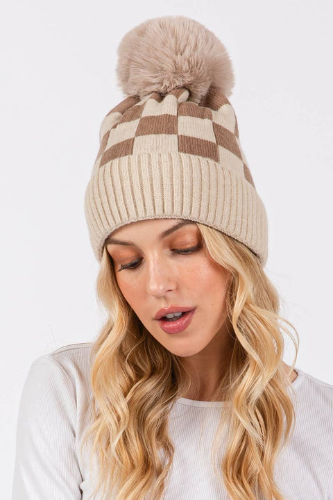 Checkered Pattern Pom Beanie