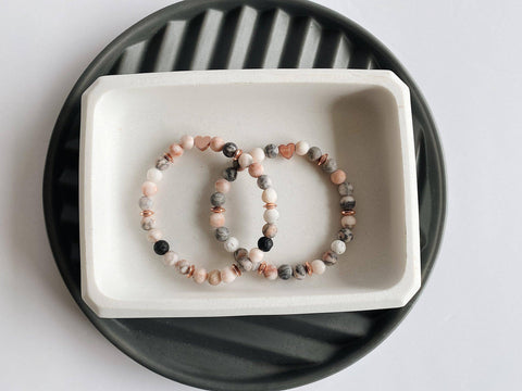 Heart + Pink Zebra Jasper + lava stone beaded bracelet