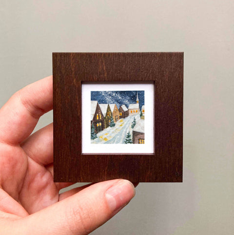 Mini 1" Snowy Village Night Watercolor Print