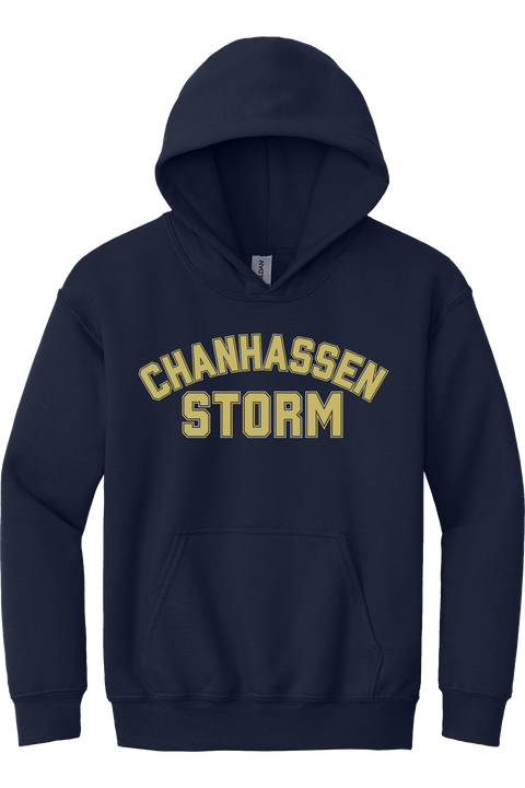 Chanhassen Storm Navy Youth Gold Arch Text Heavyweight Hoodie