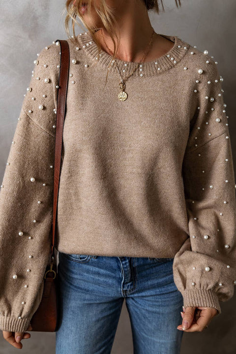 Pearled Drop Shoulder Round Neck Sweater