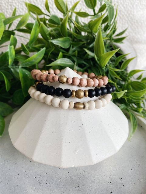 Minimalist Wood + Brass  beaded bracelets - 6MM