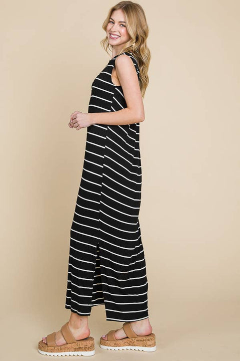 Striped Maxi Dress with Side Slit in Black & Ivory