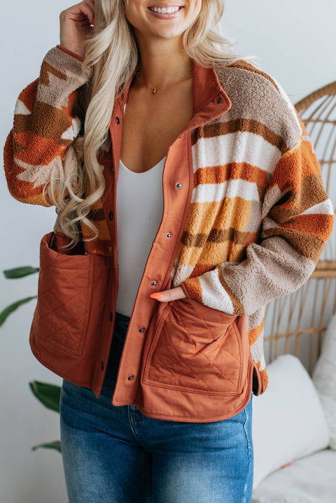 Quilted Patch Pockets Striped Sherpa Jacket