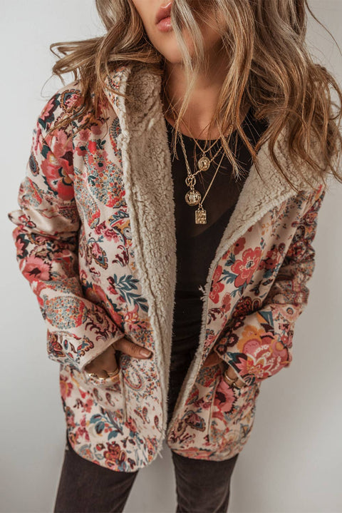 Paisley Floral Print Sherpa Lined Hooded Jacket | S-3XL