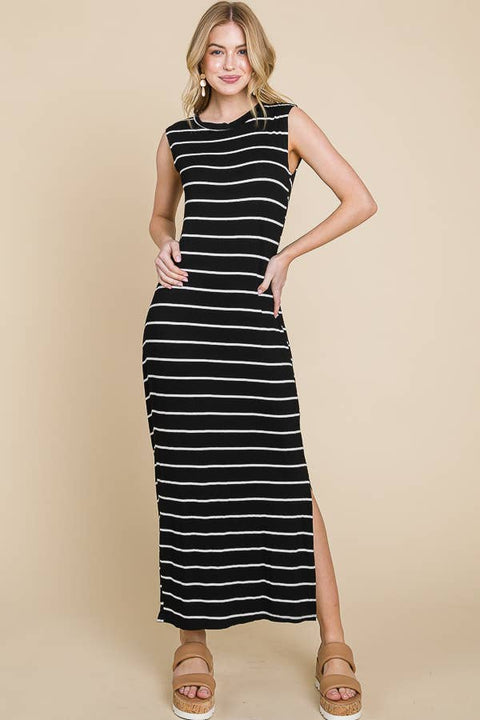 Striped Maxi Dress with Side Slit in Black & Ivory