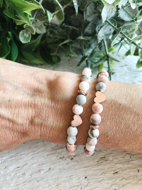 Heart + Pink Zebra Jasper + lava stone beaded bracelet