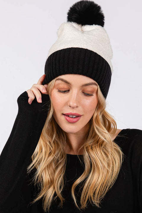 Two Tone Fleeced Pom Pom Beanie