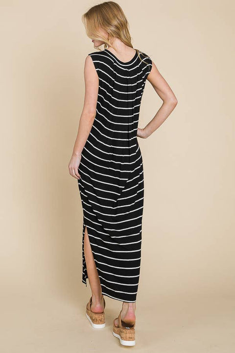 Striped Maxi Dress with Side Slit in Black & Ivory