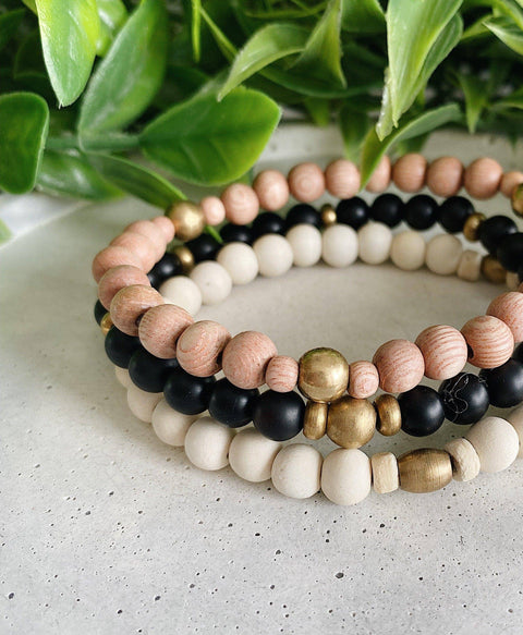 Minimalist Wood + Brass  beaded bracelets - 6MM