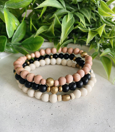 Minimalist Wood + Brass  beaded bracelets - 6MM