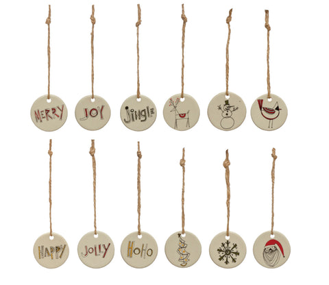 Round Tag Ornament Stoneware with Holiday Image/Word, Multi Color, 12 Styles