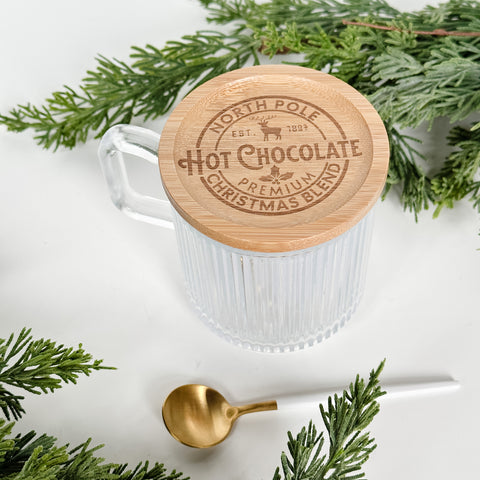 Holiday Mug, Ribbed Clear Glass with Wood Lid