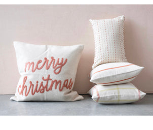 26" Cotton Pillow with Embroidery "Merry Christmas", Cream & Sienna