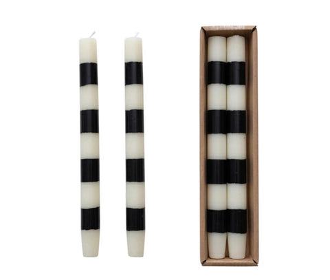 10"H Unscented Taper Candles w/ BLACK Stripes in Box, Set of 2