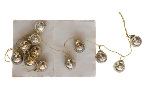 Antique Gold Finish 72"L Etched Mercury Glass Ball Ornament Garland w/ Snowflakes