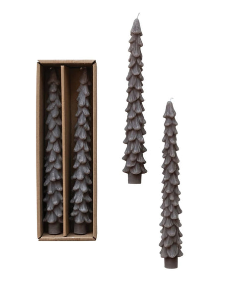 Unscented Tree Shaped Taper Candles in Box, Pewter Color, Set of 2