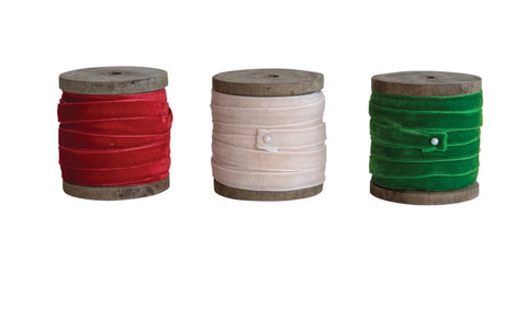 10 Yard Velvet Ribbon on Wood Spool, 3 Colors