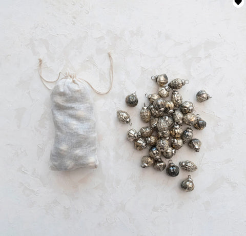 1"H SILVER  Distressed Embossed Mercury Glass Ornaments in Muslin Bag, Set of 36