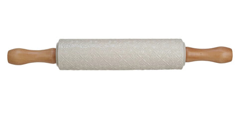 Embossed Stoneware Rolling Pin w/ Pattern & Wood Handles, Cream Color & Natural