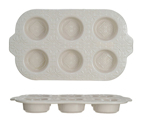 Embossed Stoneware Muffin Pan w/ Pattern, Cream Color