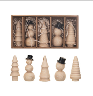 Wood Trees & Snowmen, Natural & Black - Sold Separately