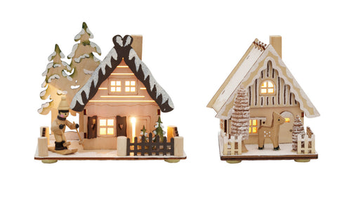 Wood Laser Cut Cabin w/ LED Light, Natural, Black & White, 2 Styles