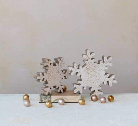 Handmade Enameled Mango Wood Snowflake w/ Gold Splatter, Cream Color & Natural - 2 sizes