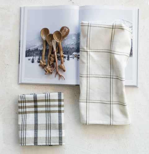 Stonewashed Cotton Tea Towel w/ Grid/Plaid Pattern, White & Green, 2 Styles