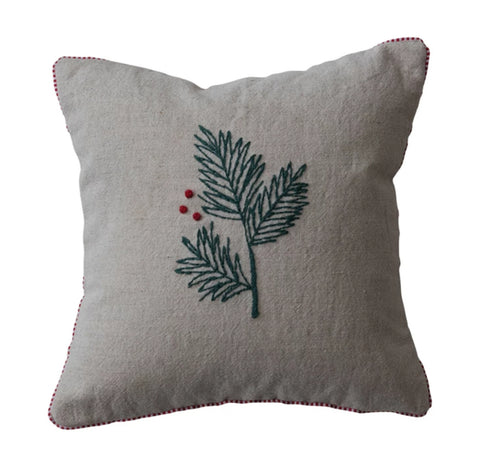 12" Square Cotton & Linen Pillow w/ French Knots & Blanket Stitch