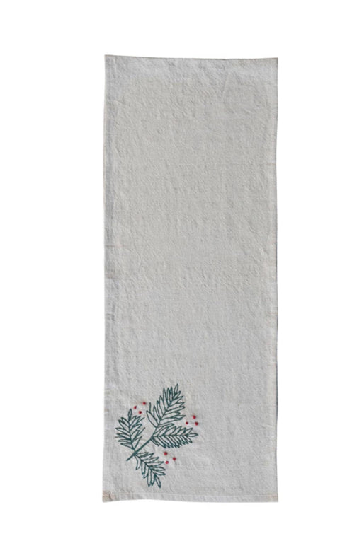 Woven Cotton & Linen Table Runner w/ Hand-Embroidered Holly & French Knots