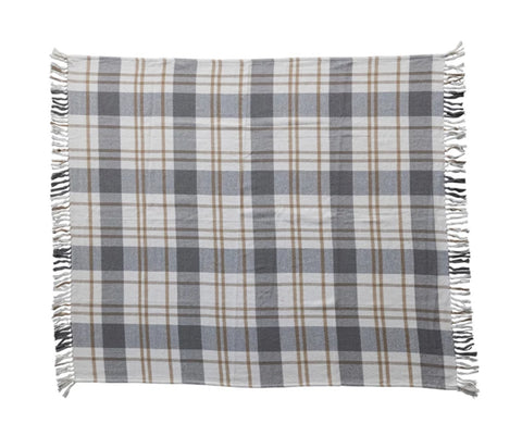 Brushed Cotton Flannel Throw w/ Fringe, Multi Color Plaid