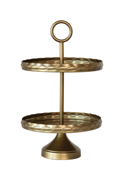 Decorative Metal 2-Tier Tray w/ Embossed Edge & Brass Electroplating