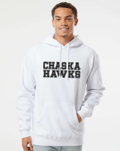 Chaska Hawks Unisex Hoodie, Varsity Black Text, White Sweatshirt