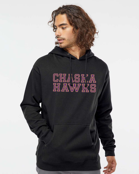 Chaska Hawks Unisex Hoodie, Varsity Yellow & Purple Design