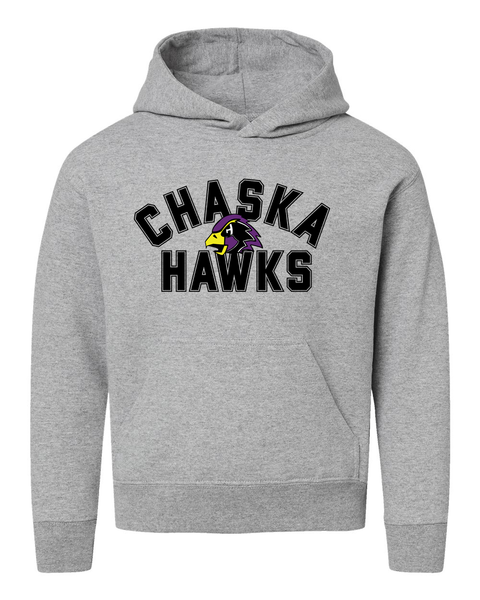 Chaska Hawks Varsity-Style Arch Design Youth Heavyweight Hoodie, Grey