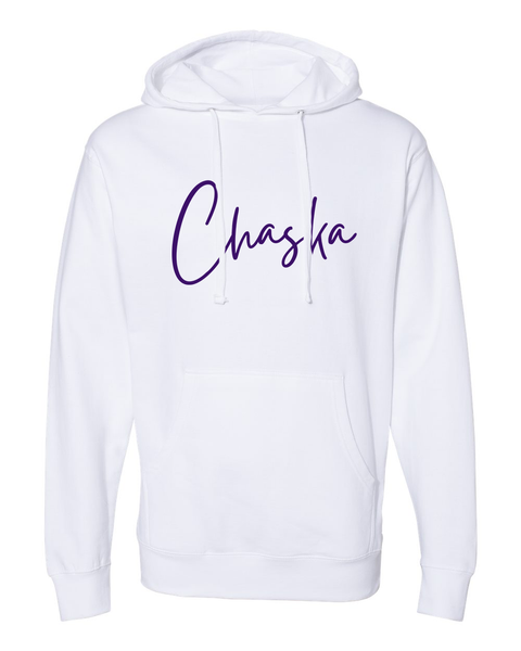 Chaska White Unisex Hoodie, Purple Script Handwriting