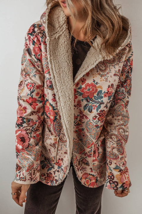 Paisley Floral Print Sherpa Lined Hooded Jacket | S-3XL