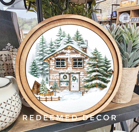 8" Round Christmas Cabin Art