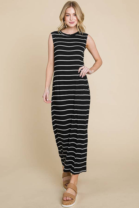 Striped Maxi Dress with Side Slit in Black & Ivory