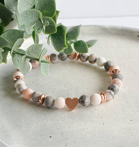 Heart + Pink Zebra Jasper + lava stone beaded bracelet