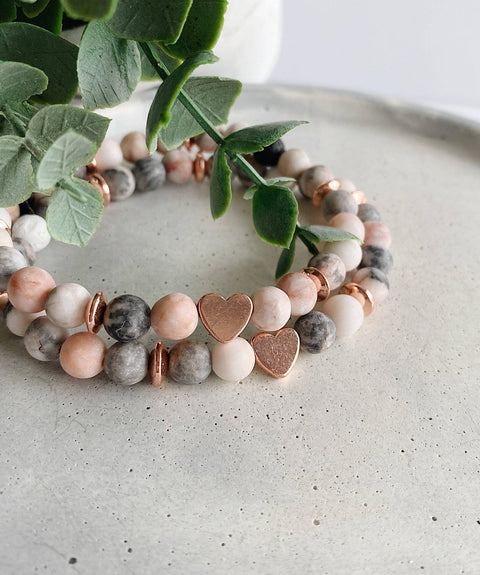 Heart + Pink Zebra Jasper + lava stone beaded bracelet