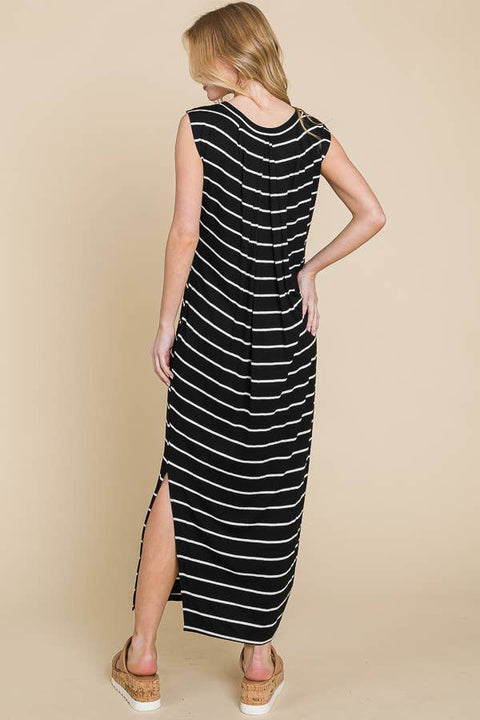 Striped Maxi Dress with Side Slit in Black & Ivory