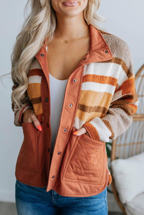 Quilted Patch Pockets Striped Sherpa Jacket