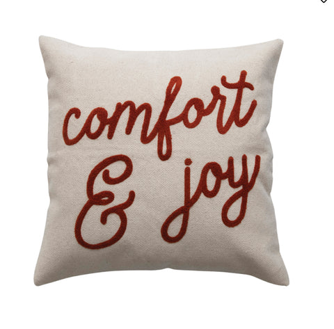 26" Square Cotton Pillow with Embroidery "Comfort and Joy", Cream Color and Red