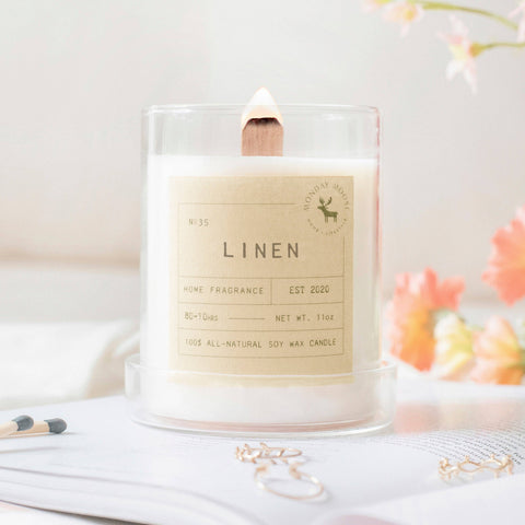 Linen Signature Soy Wax Candle, 11 oz wood wick